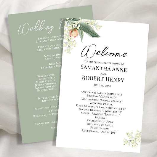 Mariage Programme de bienvenue Floral Green Script
