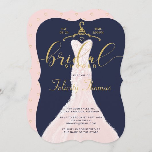 Mariage Robe Marine or Bridal Showeuse Invitation (Devant / Derrière)