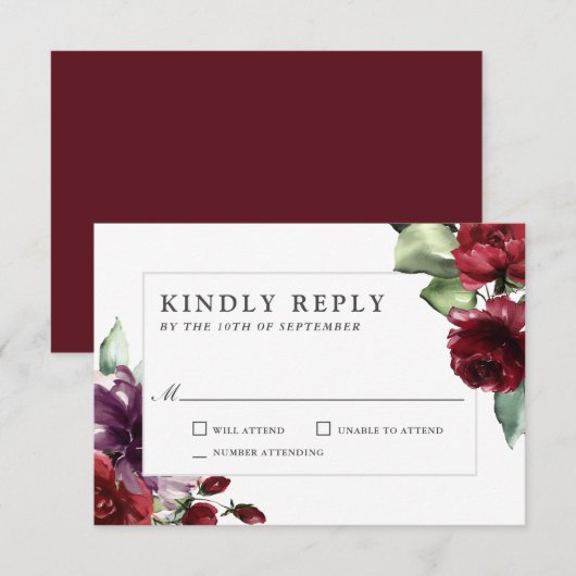 Mariage romantique Bourgogne et Plum Floral RSVP (Devant / Derrière)