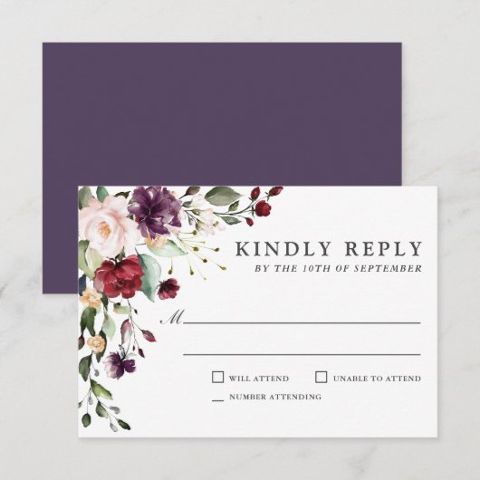 Mariage romantique Bourgogne et Plum Floral RSVP (Devant / Derrière)