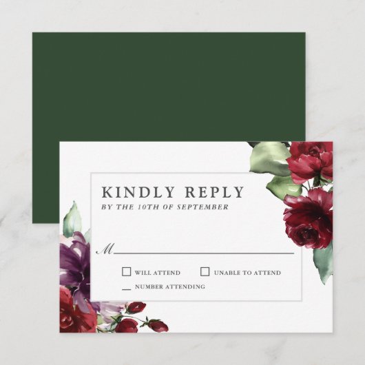 Mariage romantique Bourgogne et Plum Floral RSVP (Devant / Derrière)