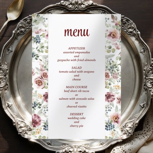 Mariage romantique élégant menu vintage floral