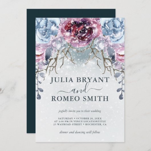 Mariage Romantique Hiver Floral Neige Invitation (Devant / Derrière)