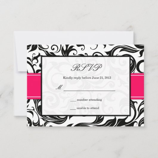Mariage rose chaud et noir tourbillon RSVP (Devant)