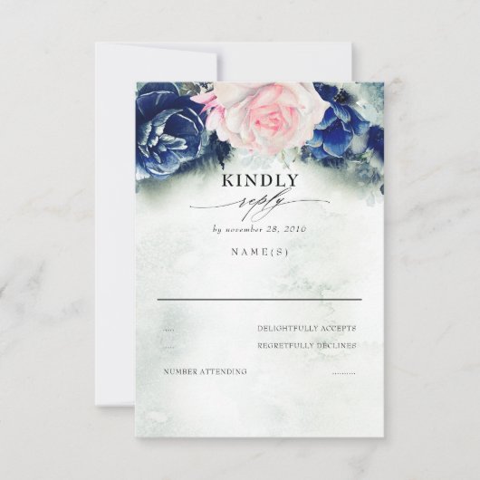 Mariage rose et bleu marine Floral RSVP (Devant)