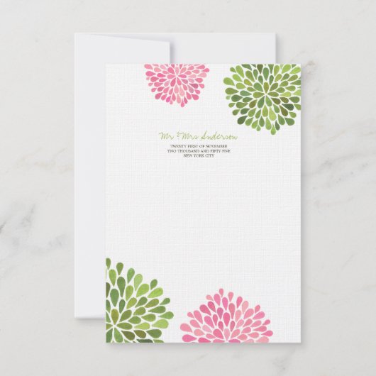 Mariage rose et vert Merci Note Cartes de lin (Dos)