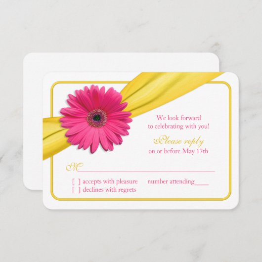 Mariage rose Gerber Daisy jaune Ribbon RSVP (Devant / Derrière)
