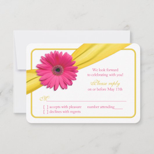 Mariage rose Gerber Daisy jaune Ribbon RSVP (Devant)