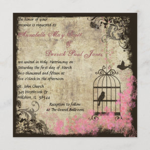 Mariage rose Vintage Invitation Birdcage