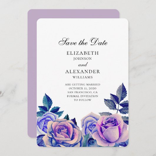 Mariage roses bleues et violettes, save the date (Devant / Derrière)