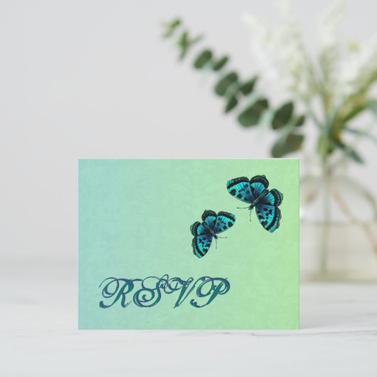 Mariage RSVP Aqua et Turquoise papillon Damask (Debout devant)