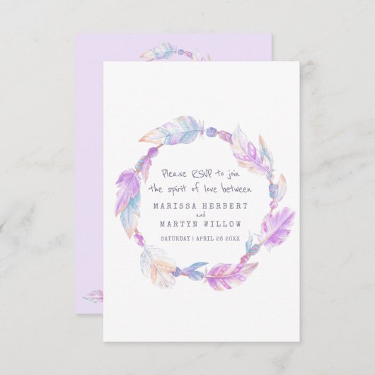 Mariage RSVP boho plume violet couronne tribale (Devant / Derrière)