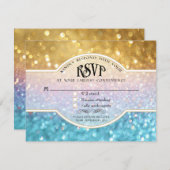 Mariage RSVP Bokeh Movie Billet Style Gold Aqua (Devant / Derrière)