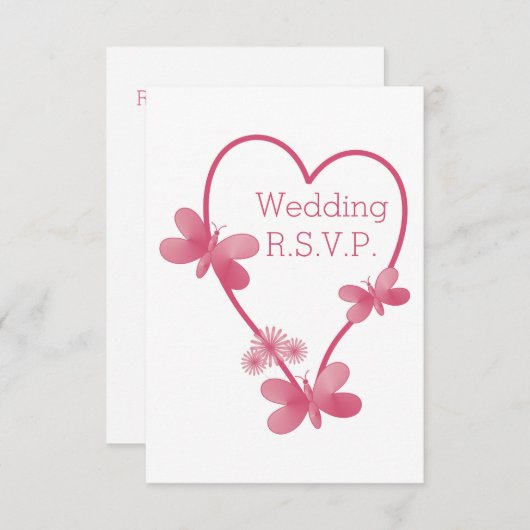 Mariage RSVP Coeur Rose Et Papillons (Devant / Derrière)