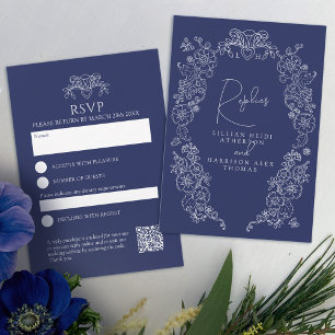 Mariage RSVP en fleur de monogramme bleu marine