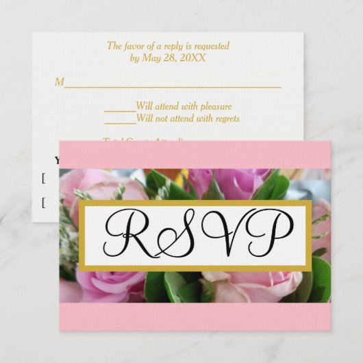 Mariage RSVP : Pastel Rose Roses Or (Devant / Derrière)