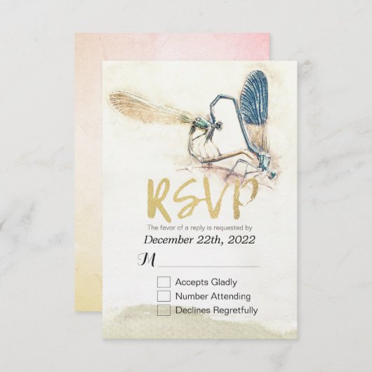 Mariage RSVP Répondre Dragonfly Mating Love Heart (Devant / Derrière)