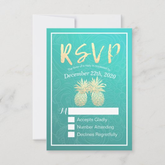 Mariage RSVP répondre Gold Ananas Couple Rose Turq (Devant)