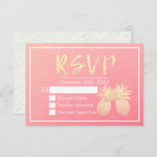 Mariage RSVP Répondre Or Ananas Couple Rose rose r (Devant / Derrière)