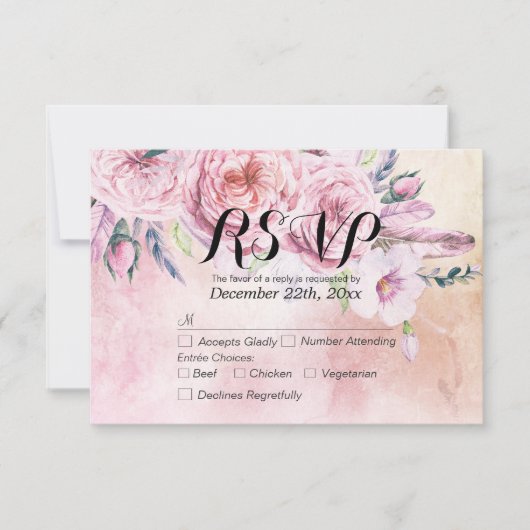 Mariage RSVP Réponse Aquarelle Boho Floral Feather (Devant)