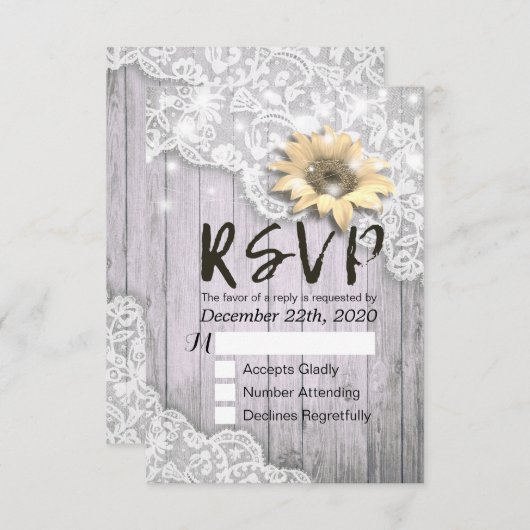 Mariage RSVP Réponse Dentelle Tournesol Grange Lum (Devant / Derrière)