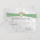 Mariage RSVP Sage Ruban Dans Le Coeur Sur Satin (Devant / Derrière)