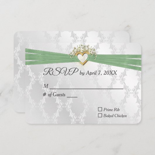 Mariage RSVP Sage Ruban Dans Le Coeur Sur Satin (Devant / Derrière)