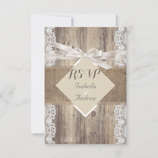 Mariage Rustique Beige Blanc Dentelle Bois RSVP (Devant)
