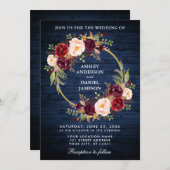 Mariage rustique Bleu Bois Bourgogne Invitation de (Devant / Derrière)