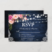 Mariage rustique Bleu Bois Floral Dentelle RSVP av (Devant / Derrière)
