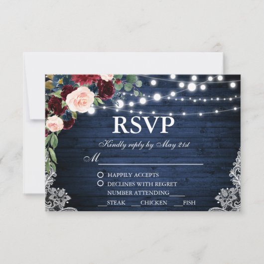 Mariage rustique Bois bleu Bourgogne Floral RSVP R (Devant)