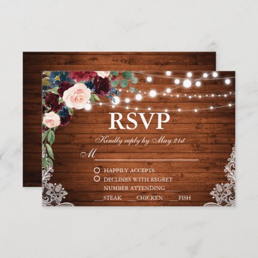 Mariage rustique Bois Bourgogne Bleu Floral RSVP R (Devant / Derrière)