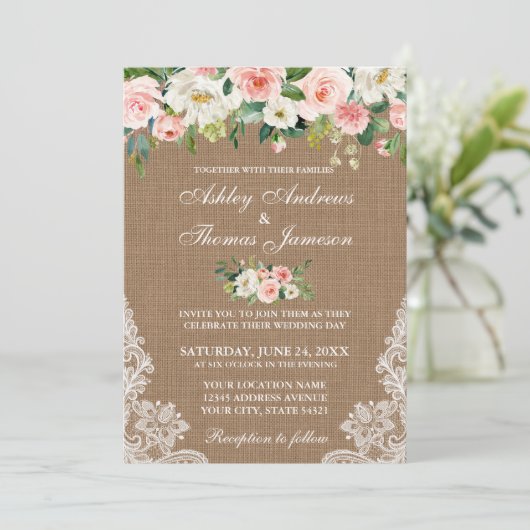 Mariage rustique Burlap Dentelle rose Invitation f (Debout devant)
