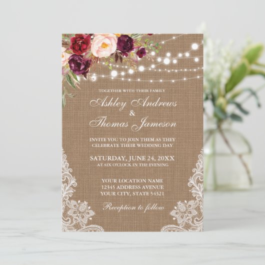 Mariage rustique Burlap Lights dentelle Invitation (Debout devant)