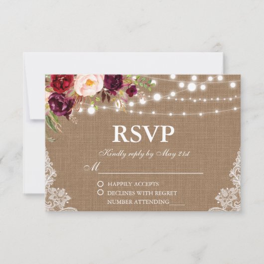 Mariage rustique Burlap Lights Lace Floral RSVP Ca (Devant)