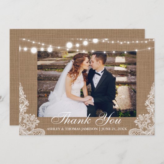 Mariage rustique Burlap Lights Lace Photo Merci (Devant / Derrière)