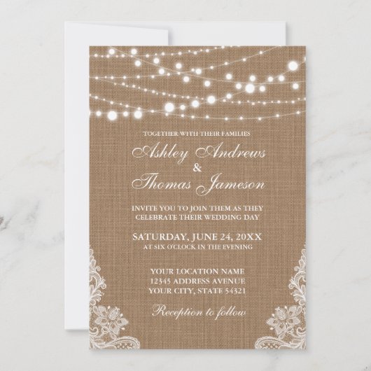 Mariage Rustique Burlap String Lights Invitation d (Devant)