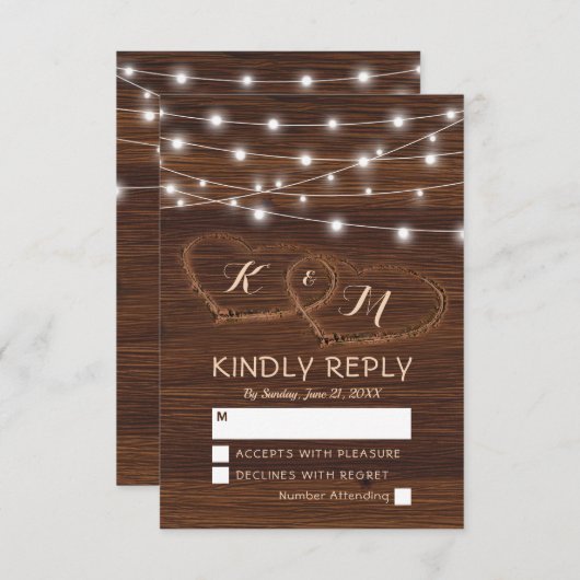Mariage rustique en bois sculpté Coeur RSVP (Devant / Derrière)