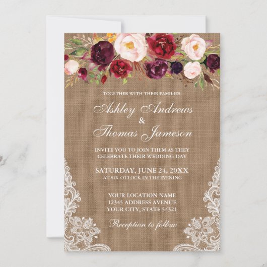 Mariage rustique Floral Burlap Lights Invitation d (Devant)