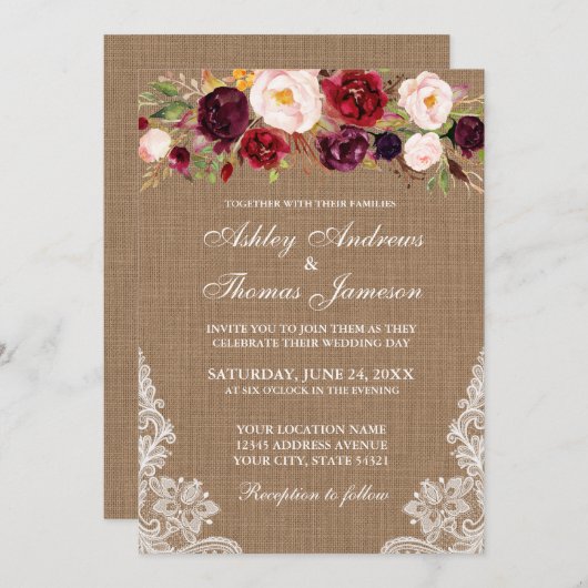 Mariage rustique Floral Burlap Lights Invitation d (Devant / Derrière)