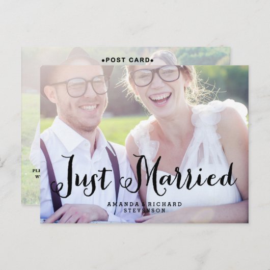 Mariage SCRIPT ÉLÉGANT JUSTE MARIÉ CARTE POSTALE (Devant / Derrière)