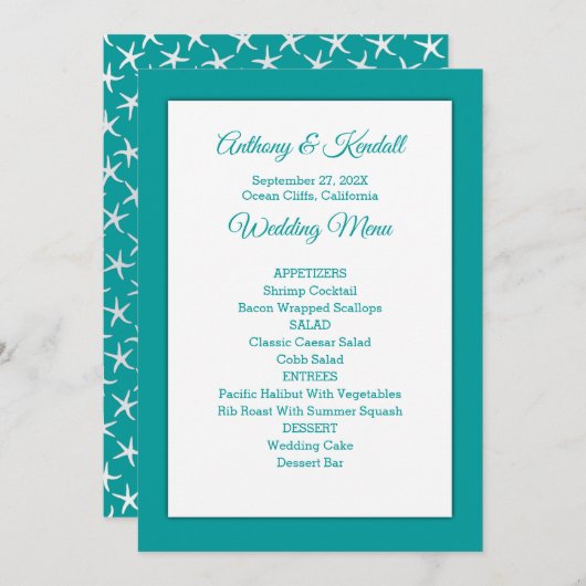 Mariage Sea Blue Green Menu Modèle (Devant / Derrière)