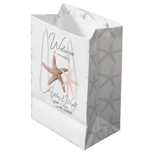 Mariage Sea Stars Bienvenue Pink Brown papier sac (Devant Angle)