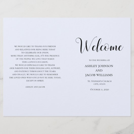 Mariage simple bleu. Programme de typographie plié (Devant)