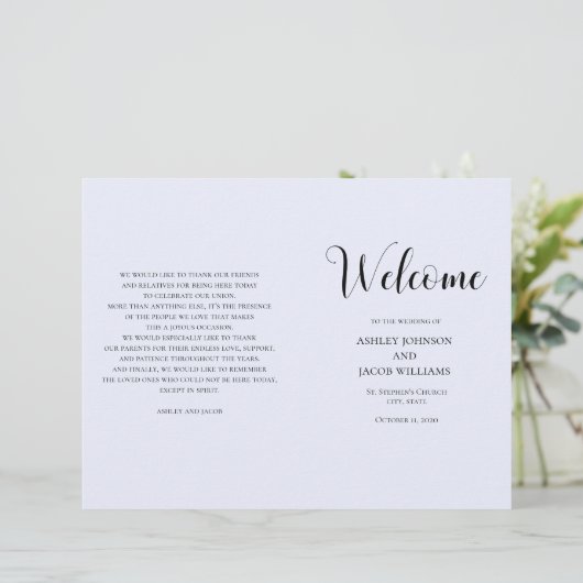 Mariage simple bleu. Programme de typographie plié (Debout devant)