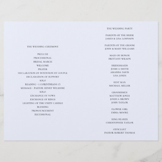 Mariage simple bleu. Programme de typographie plié (Dos)