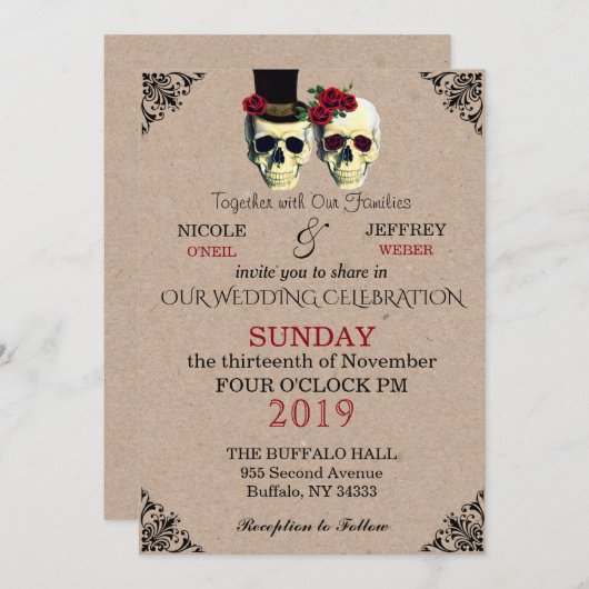 Mariage Skeleton Skuls Goth Retro Invitation (Devant / Derrière)