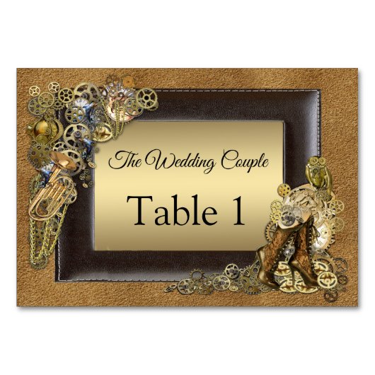 Mariage Steampunk sur cartes de table en daim (Devant)