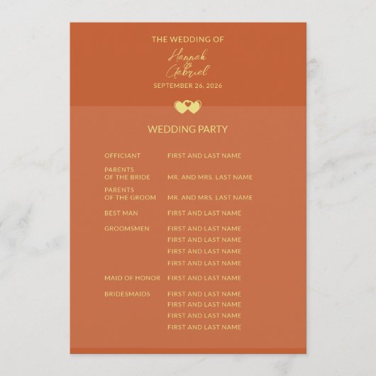 Mariage Terracotta Gold Flat Programme (Devant)