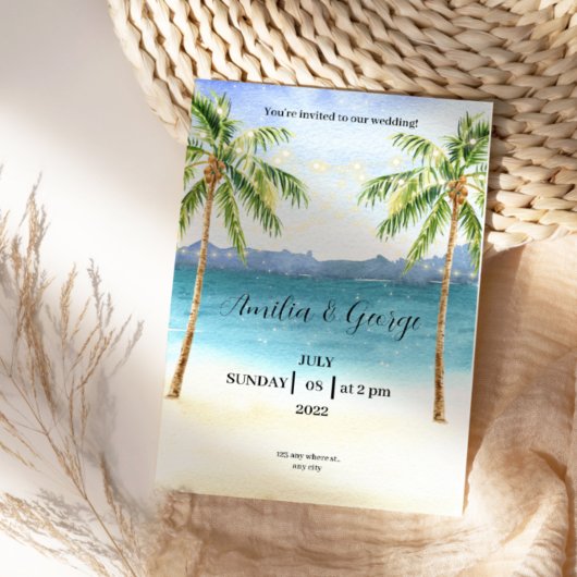 Mariage Tropical Beach Invitation avec palmiers